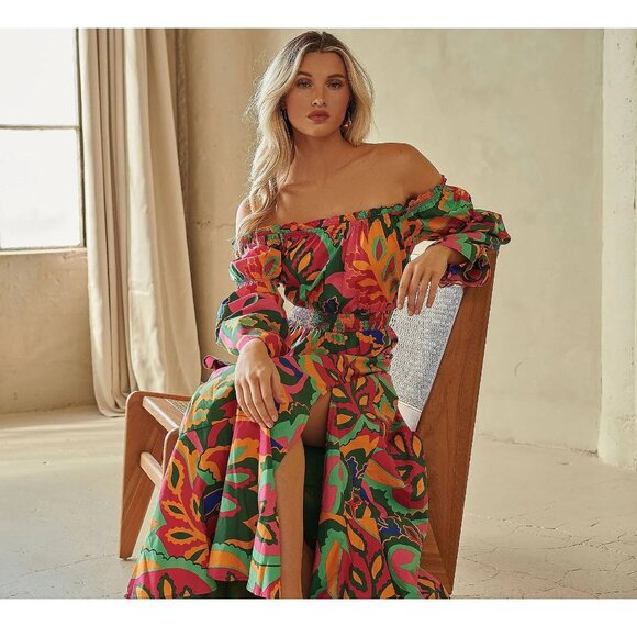 Sugarlips NEW Rainbow Tropics Off the Shoulder Bell Sleeve Maxi Dress Sz XL - Picture 1 of 14